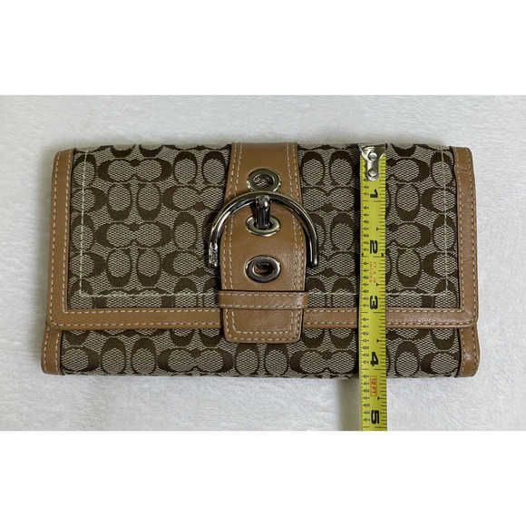 Coach C Signature Brown & Khaki Canvas & Leather Bifold Wallet w/Buckle & Chkbk - Picture 6 of 16